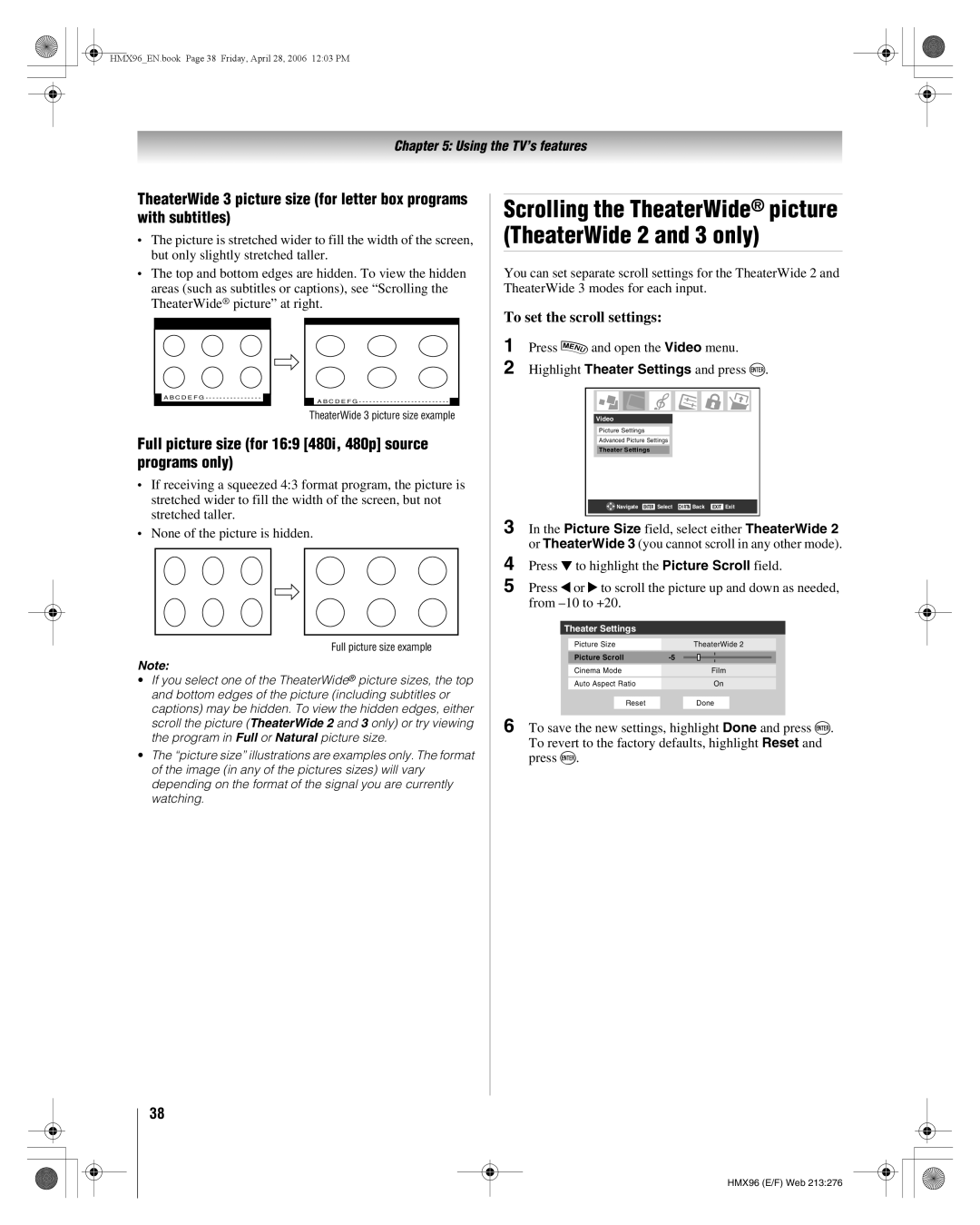 Toshiba 50HMX96 Full picture size for 169 480i, 480p source programs only, To set the scroll settings, Theater Settings 