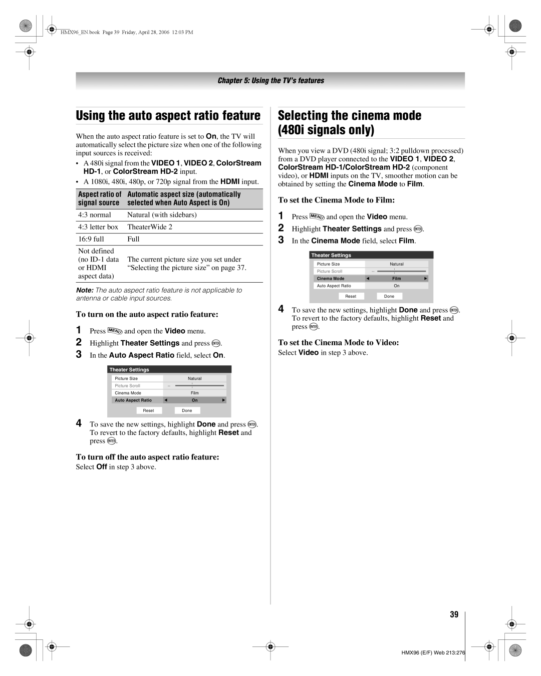 Toshiba 56HMX96, 50HMX96 manual To turn on the auto aspect ratio feature, To turn off the auto aspect ratio feature 