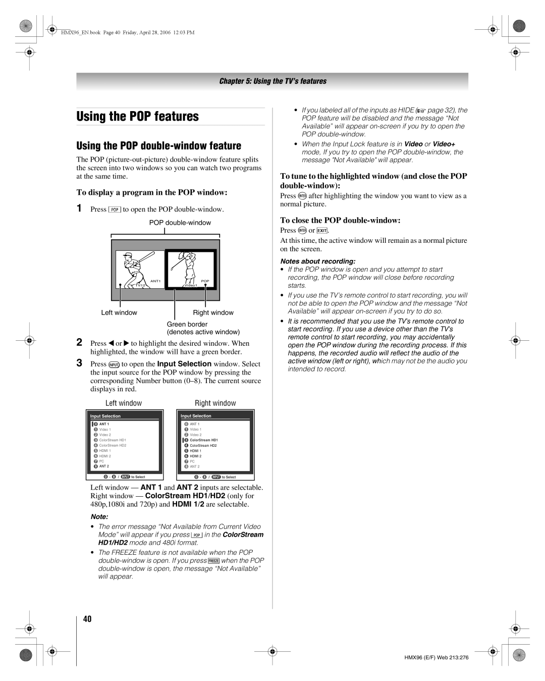Toshiba 50HMX96 manual Using the POP features, Using the POP double-window feature, To display a program in the POP window 