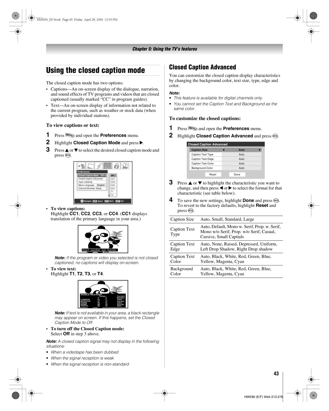Toshiba 56HMX96, 50HMX96 manual Using the closed caption mode, Closed Caption Advanced, To view captions or text 
