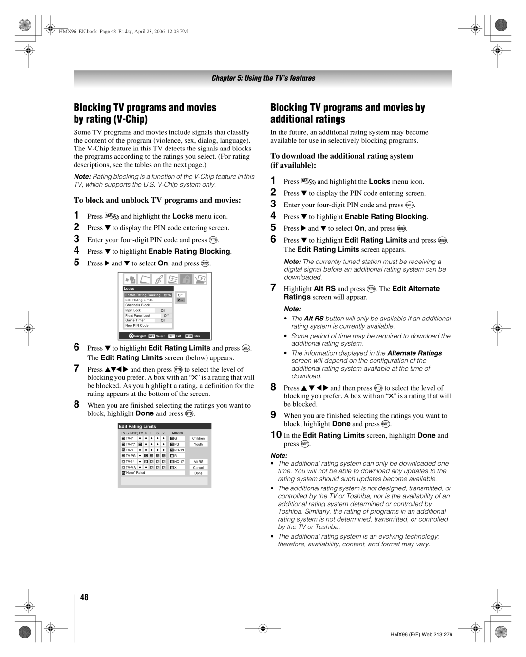 Toshiba 50HMX96 Blocking TV programs and movies by rating V-Chip, Blocking TV programs and movies by additional ratings 