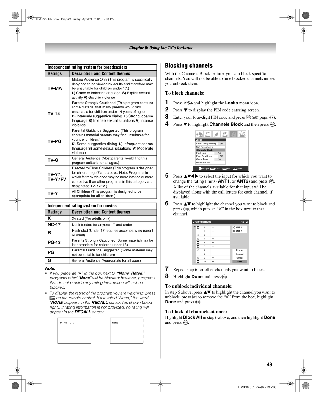 Toshiba 56HMX96 manual Blocking channels, To block channels, To unblock individual channels, To block all channels at once 