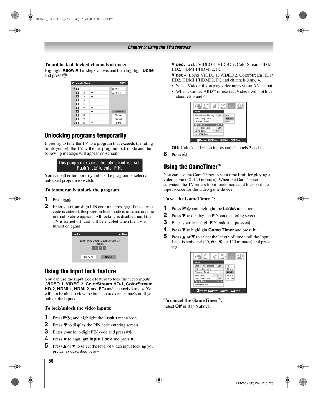 Toshiba 50HMX96, 56HMX96 manual Unlocking programs temporarily, Using the input lock feature, Using the GameTimer 