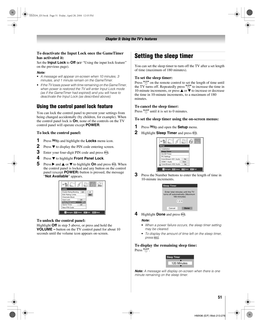 Toshiba 56HMX96, 50HMX96 manual Setting the sleep timer, Using the control panel lock feature 