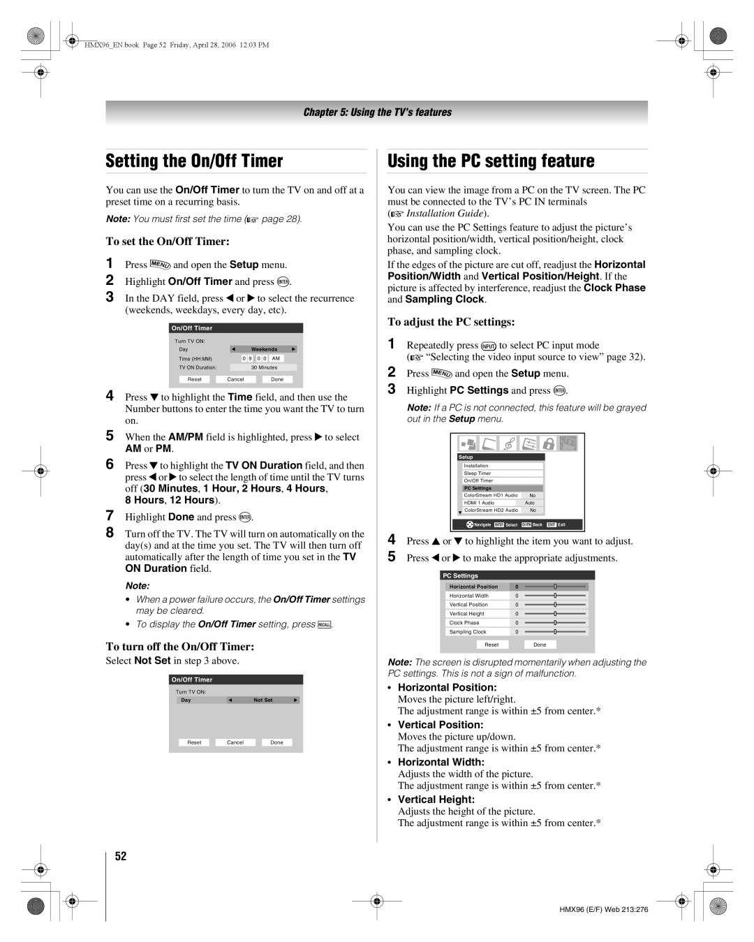 Toshiba 50HMX96 Setting the On/Off Timer, Using the PC setting feature, To set the On/Off Timer, To adjust the PC settings 