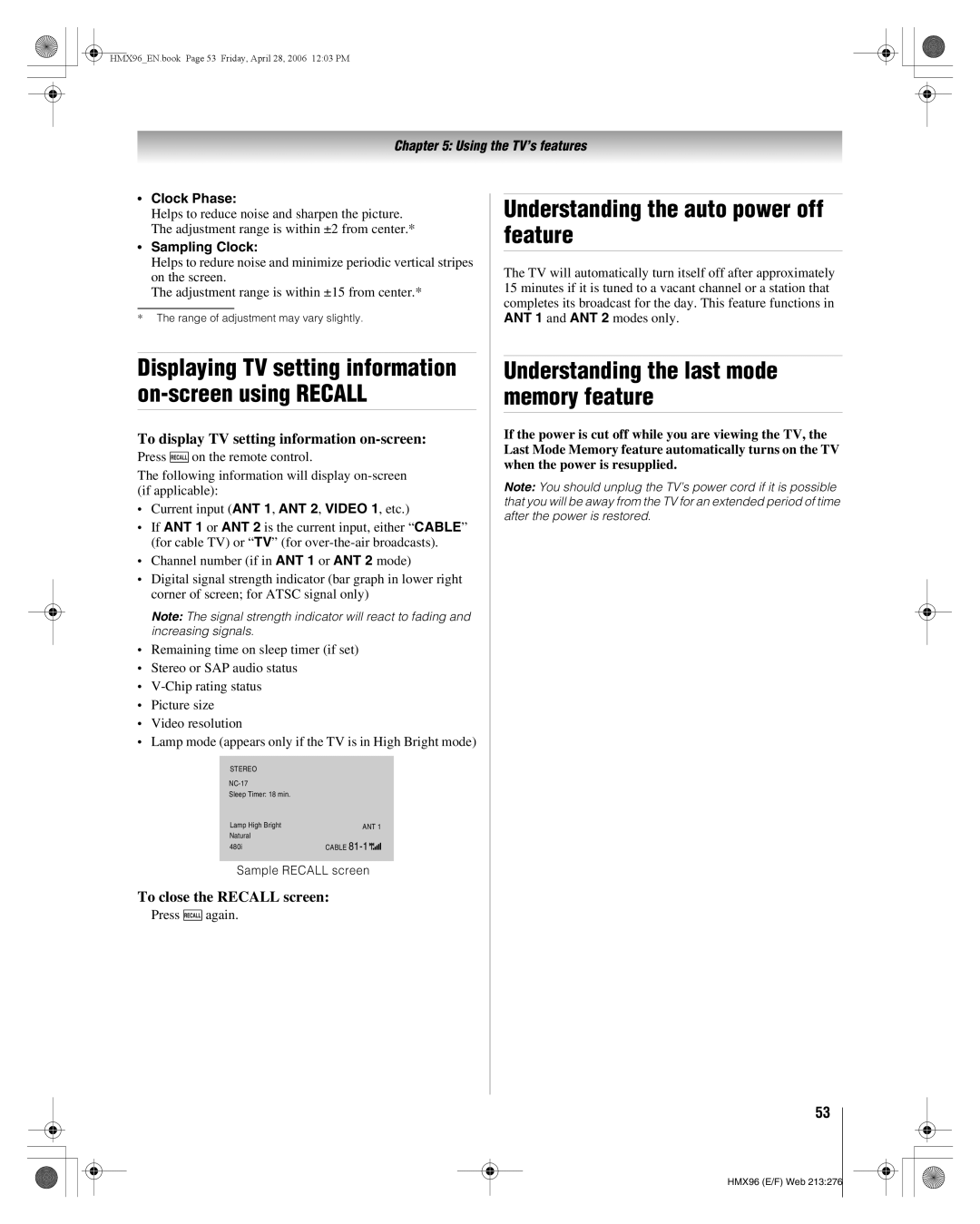 Toshiba 56HMX96, 50HMX96 manual Understanding the auto power off feature, Understanding the last mode memory feature 