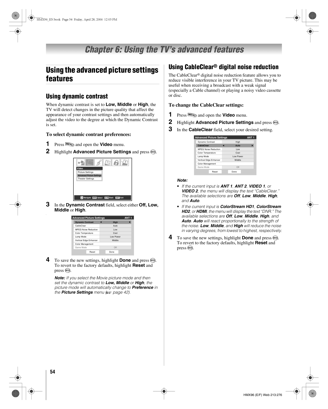 Toshiba 50HMX96 Using the TV’s advanced features, Using the advanced picture settings features, Using dynamic contrast 