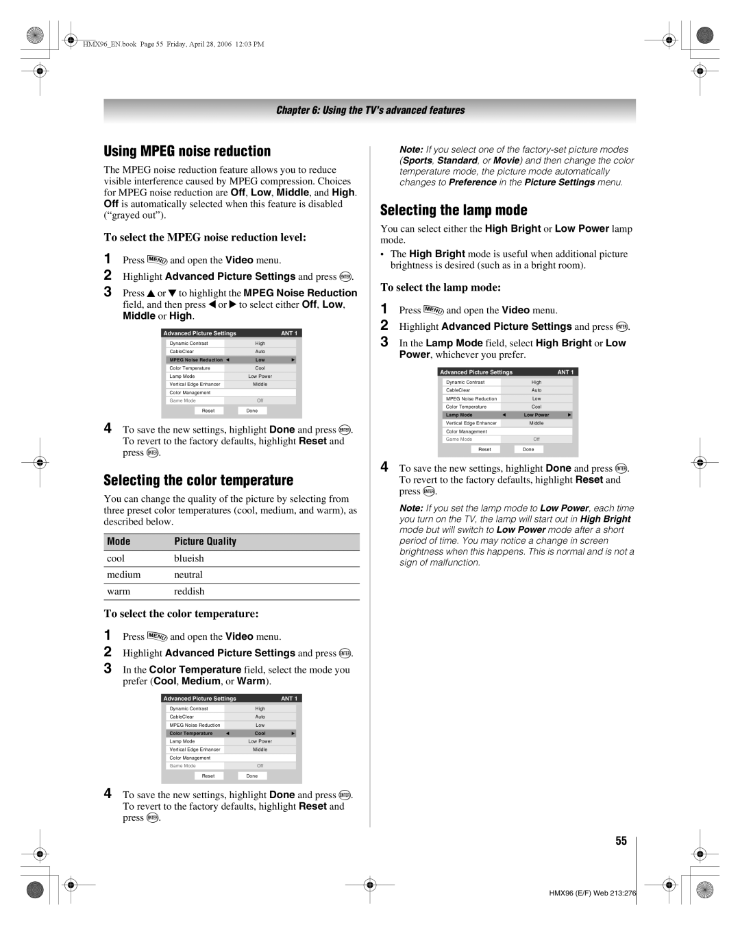 Toshiba 56HMX96, 50HMX96 manual Using Mpeg noise reduction, Selecting the color temperature, Selecting the lamp mode 