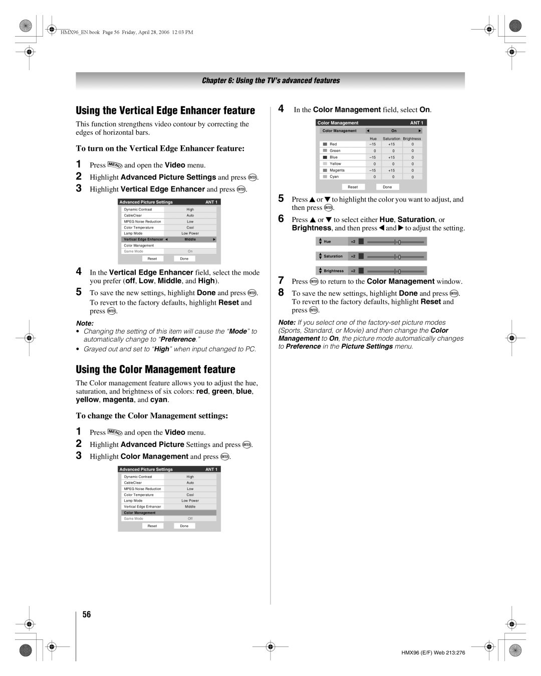 Toshiba 50HMX96, 56HMX96 manual Using the Color Management feature, To turn on the Vertical Edge Enhancer feature 