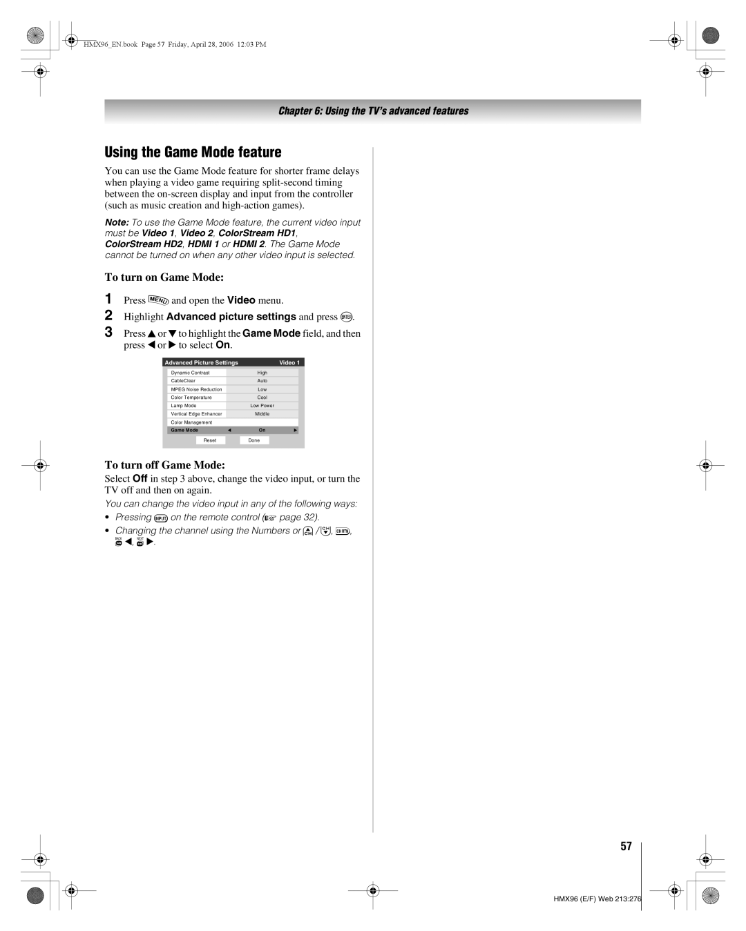 Toshiba 56HMX96, 50HMX96 manual Using the Game Mode feature, To turn on Game Mode, To turn off Game Mode 