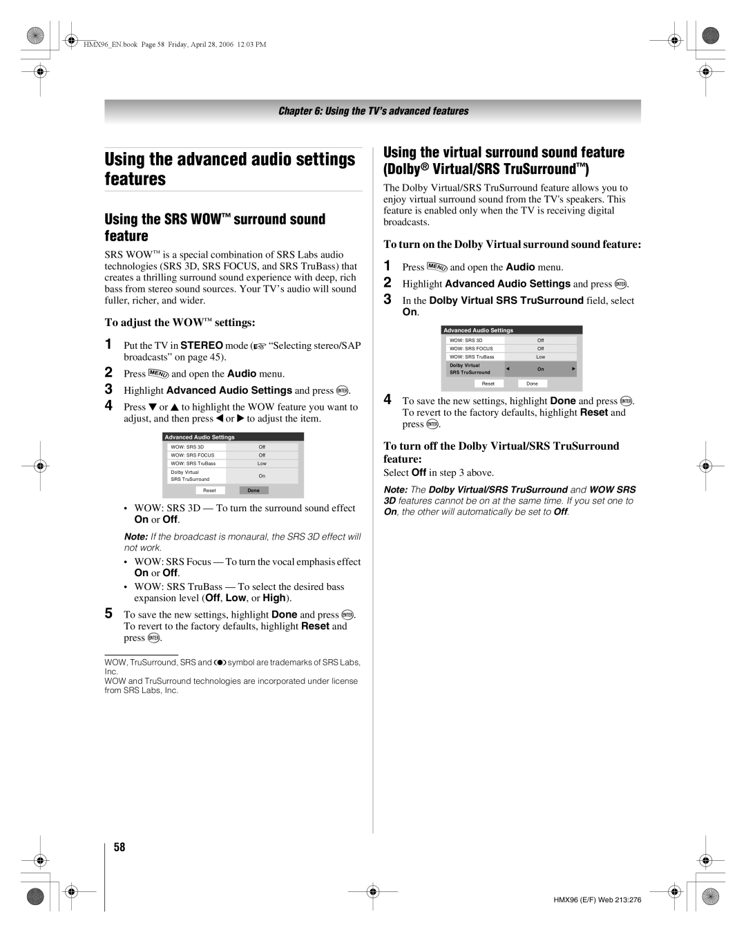 Toshiba 50HMX96, 56HMX96 manual Using the advanced audio settings features, Using the SRS WOW surround sound feature 