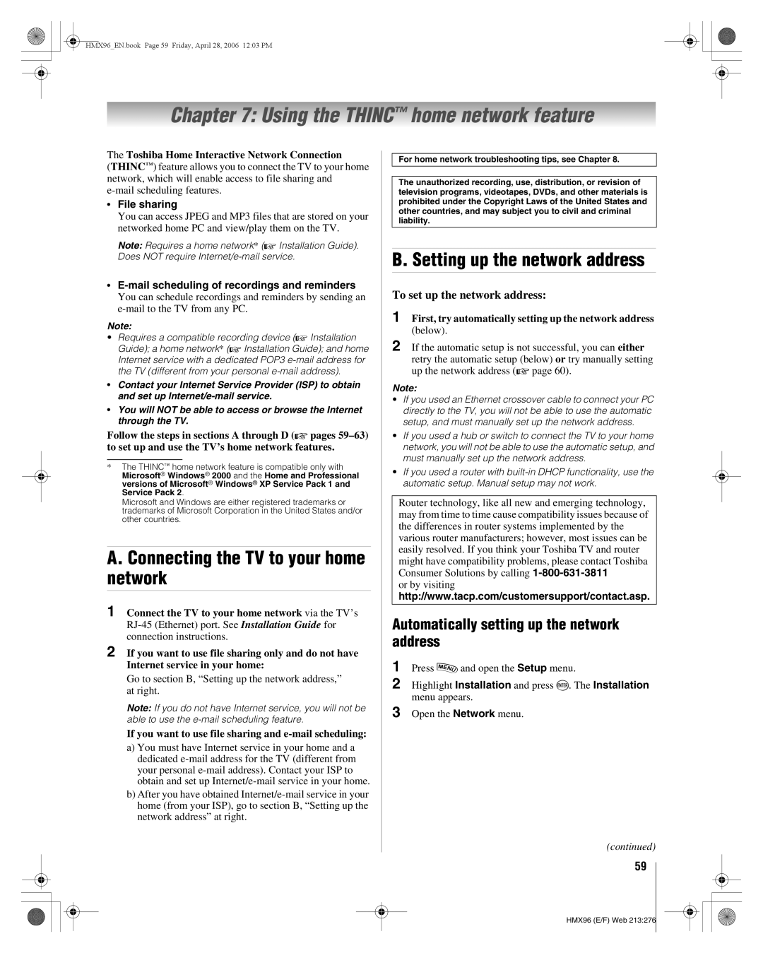 Toshiba 56HMX96, 50HMX96 manual Using the Thinc home network feature, Connecting the TV to your home network 