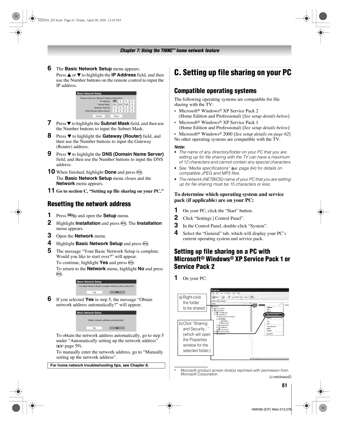 Toshiba 56HMX96, 50HMX96 Setting up file sharing on your PC, Resetting the network address, Compatible operating systems 