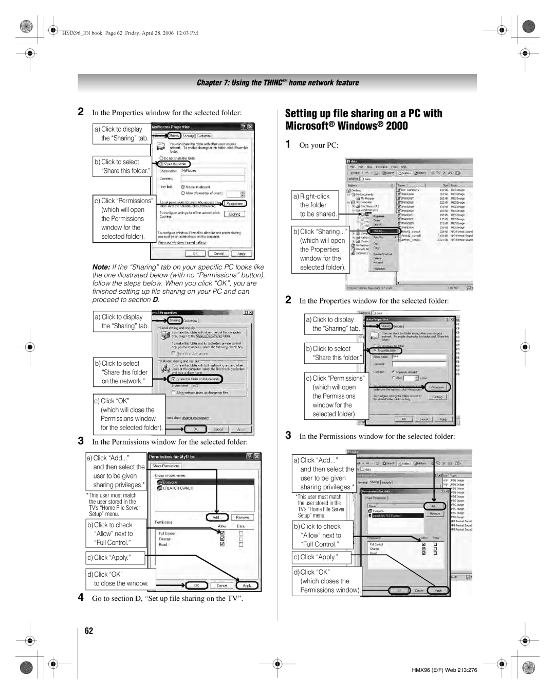 Toshiba 50HMX96 Microsoft Windows, Properties window for the selected folder, Permissions window for the selected folder 