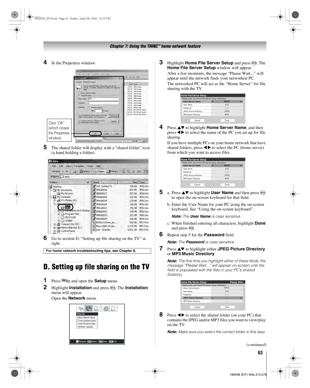 Toshiba 56HMX96, 50HMX96 manual Properties window, Or MP3 Music Directory, Home Server Name 