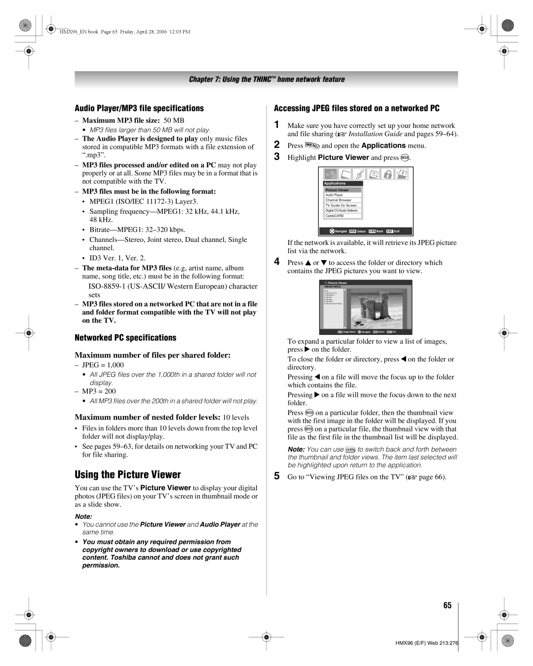 Toshiba 56HMX96, 50HMX96 manual Using the Picture Viewer, Audio Player/MP3 file specifications, Networked PC specifications 