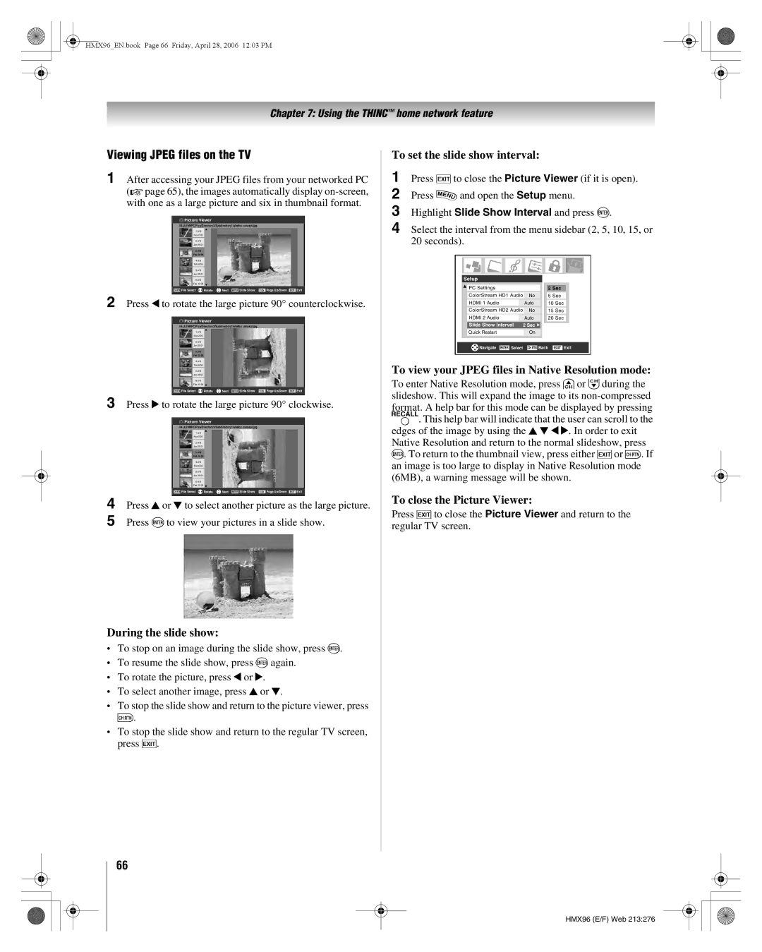 Toshiba 50HMX96, 56HMX96 manual Viewing Jpeg files on the TV, During the slide show, To set the slide show interval 