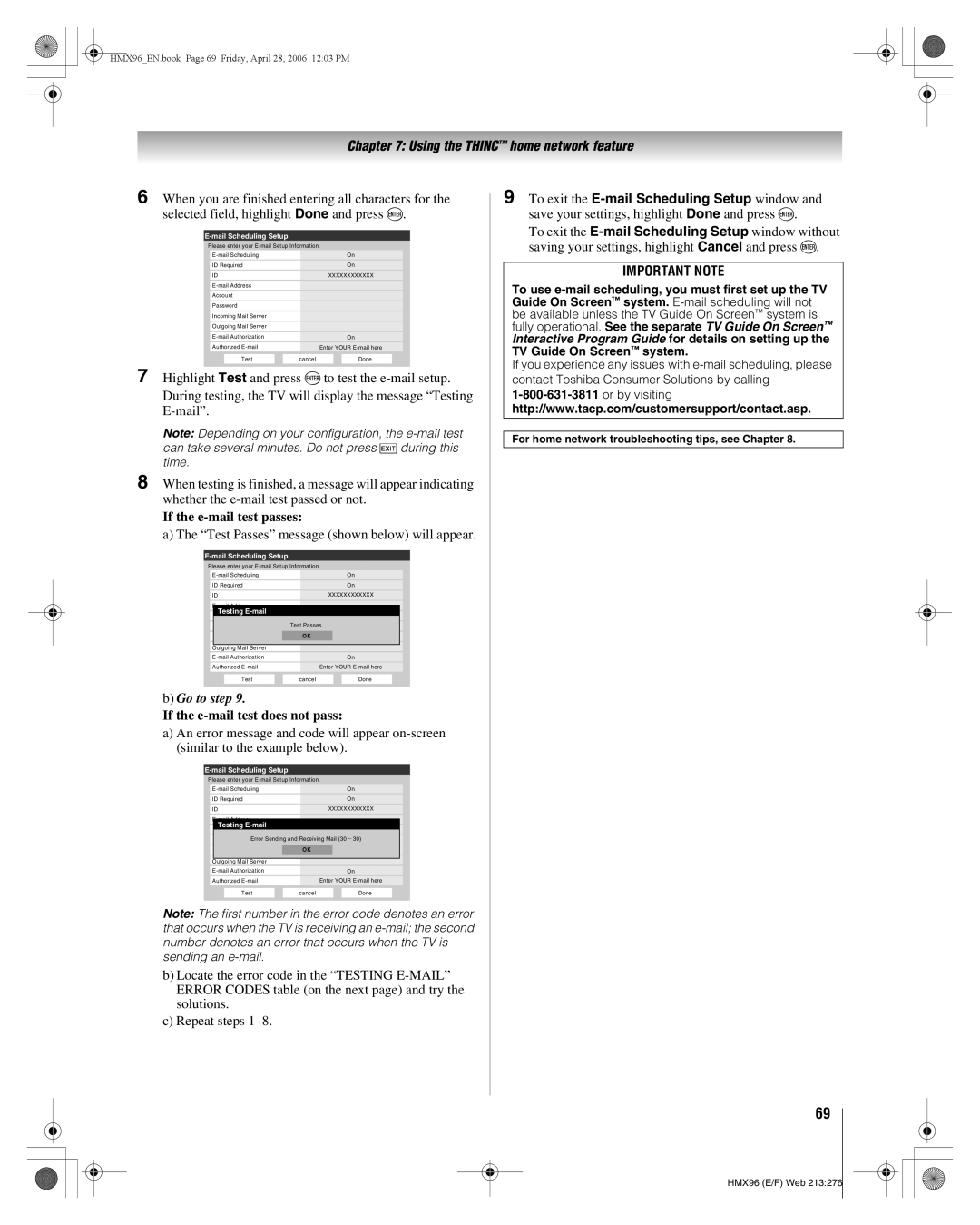 Toshiba 56HMX96, 50HMX96 manual Test Passes message shown below will appear, To exit the E-mail Scheduling Setup window 