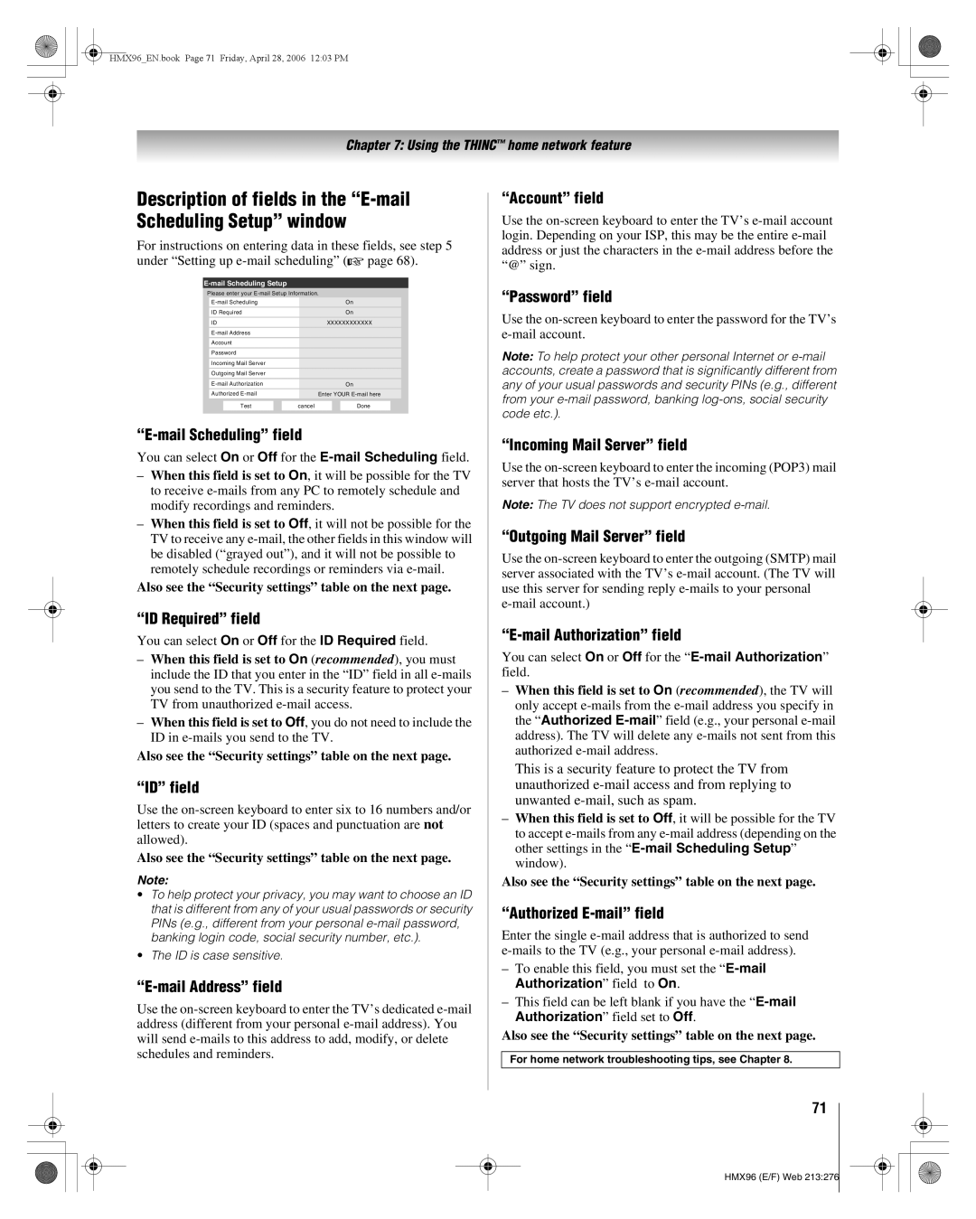 Toshiba 56HMX96 Mail Scheduling field, ID Required field, ID field, Mail Address field, Account field, Password field 