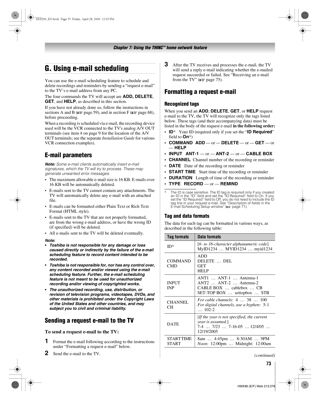 Toshiba 56HMX96 Using e-mail scheduling, Mail parameters, Sending a request e-mail to the TV, Formatting a request e-mail 