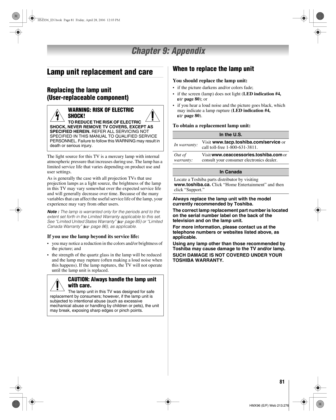 Toshiba 56HMX96, 50HMX96 manual Appendix, Lamp unit replacement and care, When to replace the lamp unit 