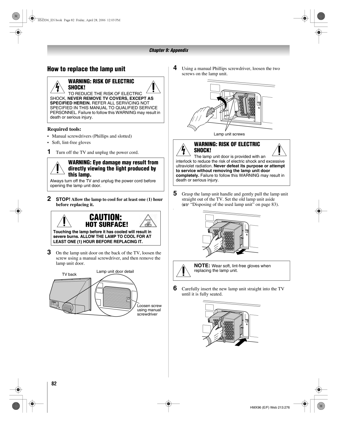 Toshiba 50HMX96, 56HMX96 manual How to replace the lamp unit, Required tools 