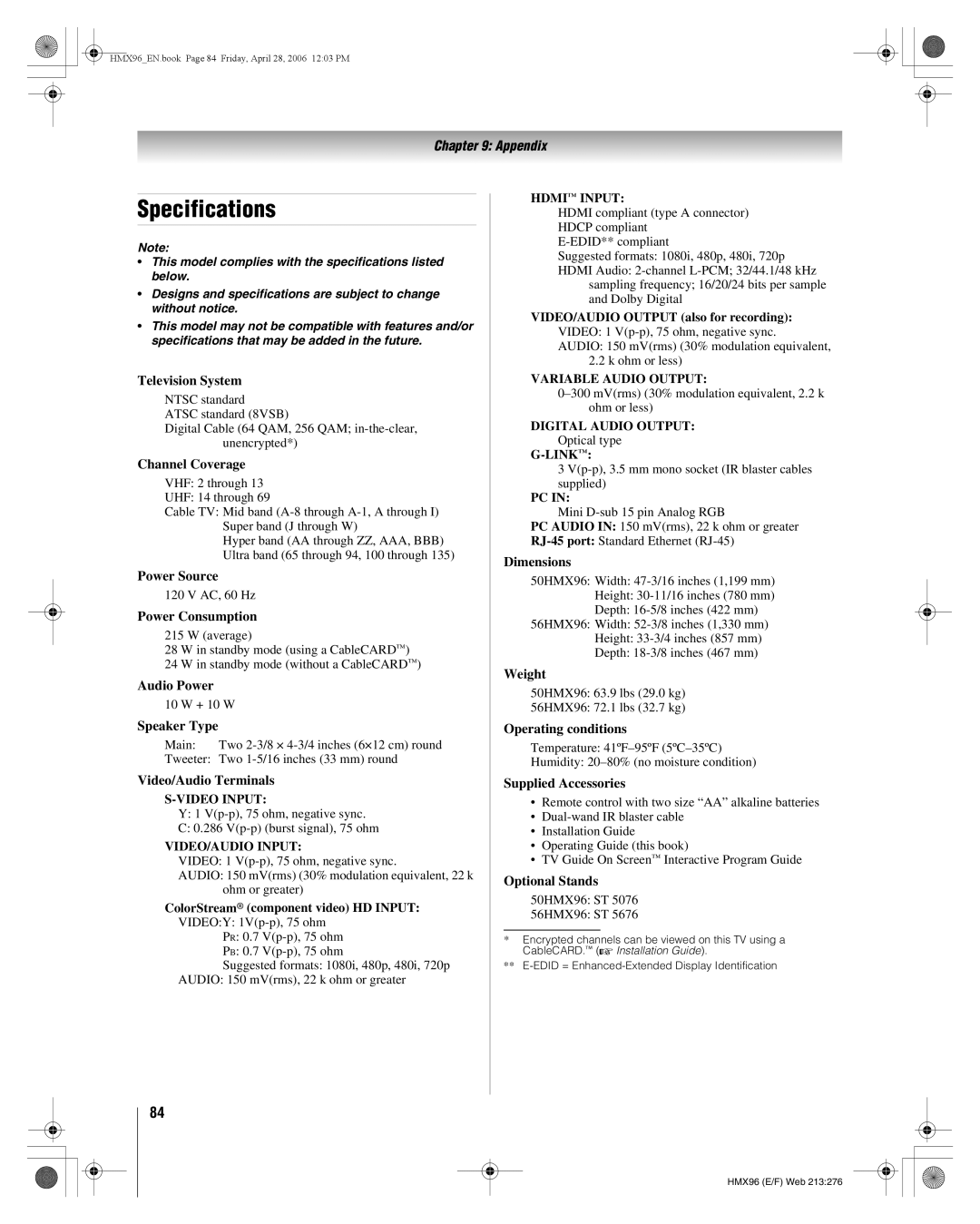 Toshiba 50HMX96, 56HMX96 manual Specifications 