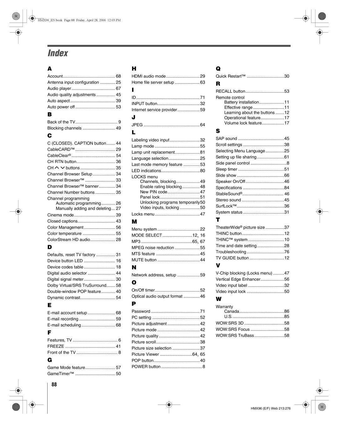 Toshiba 50HMX96, 56HMX96 manual Index, Freeze 