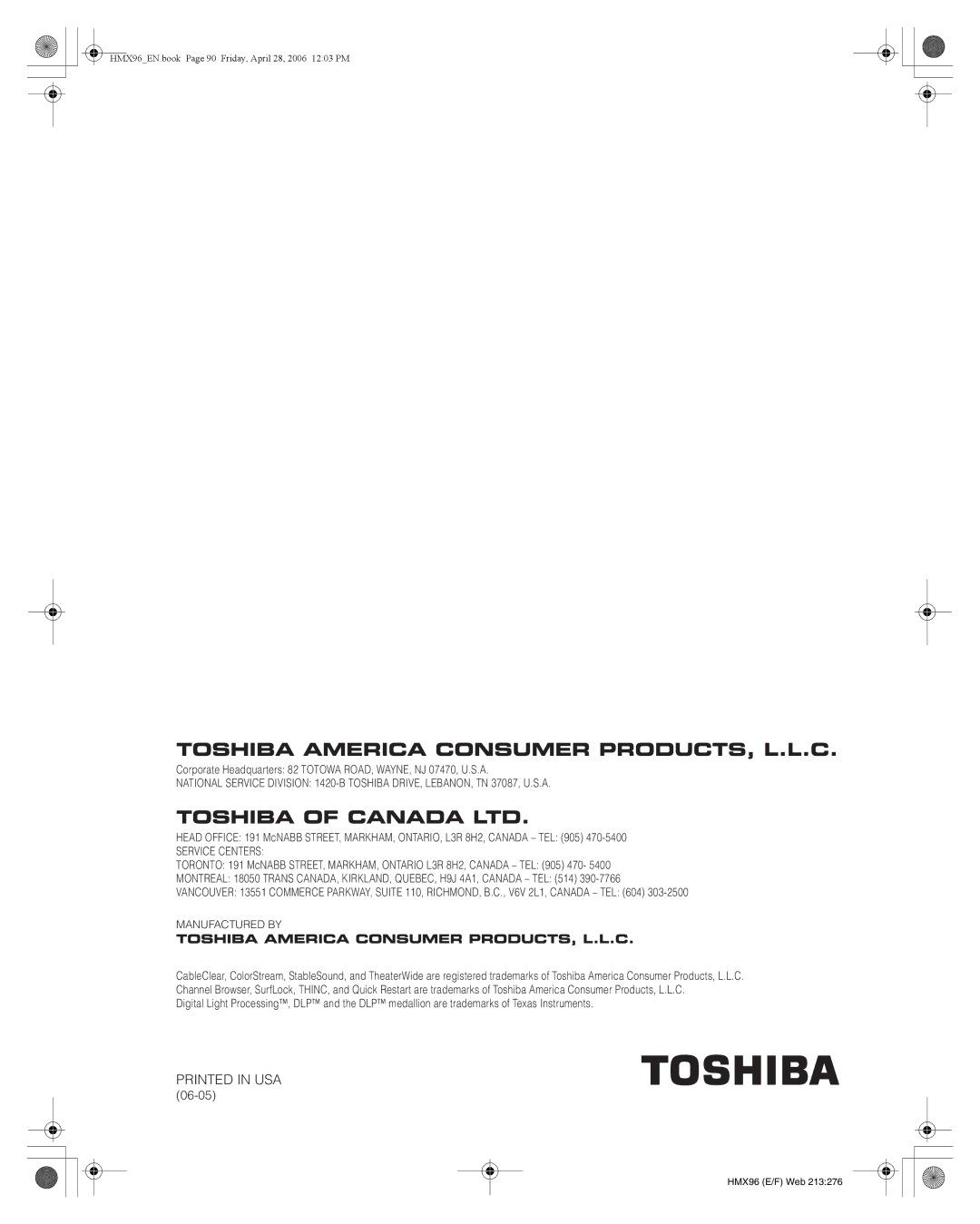 Toshiba 50HMX96, 56HMX96 manual 06-05 