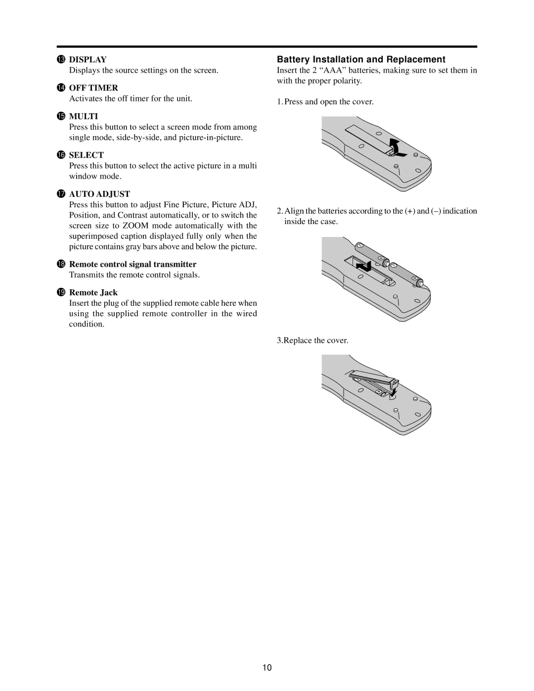 Toshiba 50HP82 owner manual Battery Installation and Replacement, 8Remote control signal transmitter, 9Remote Jack 