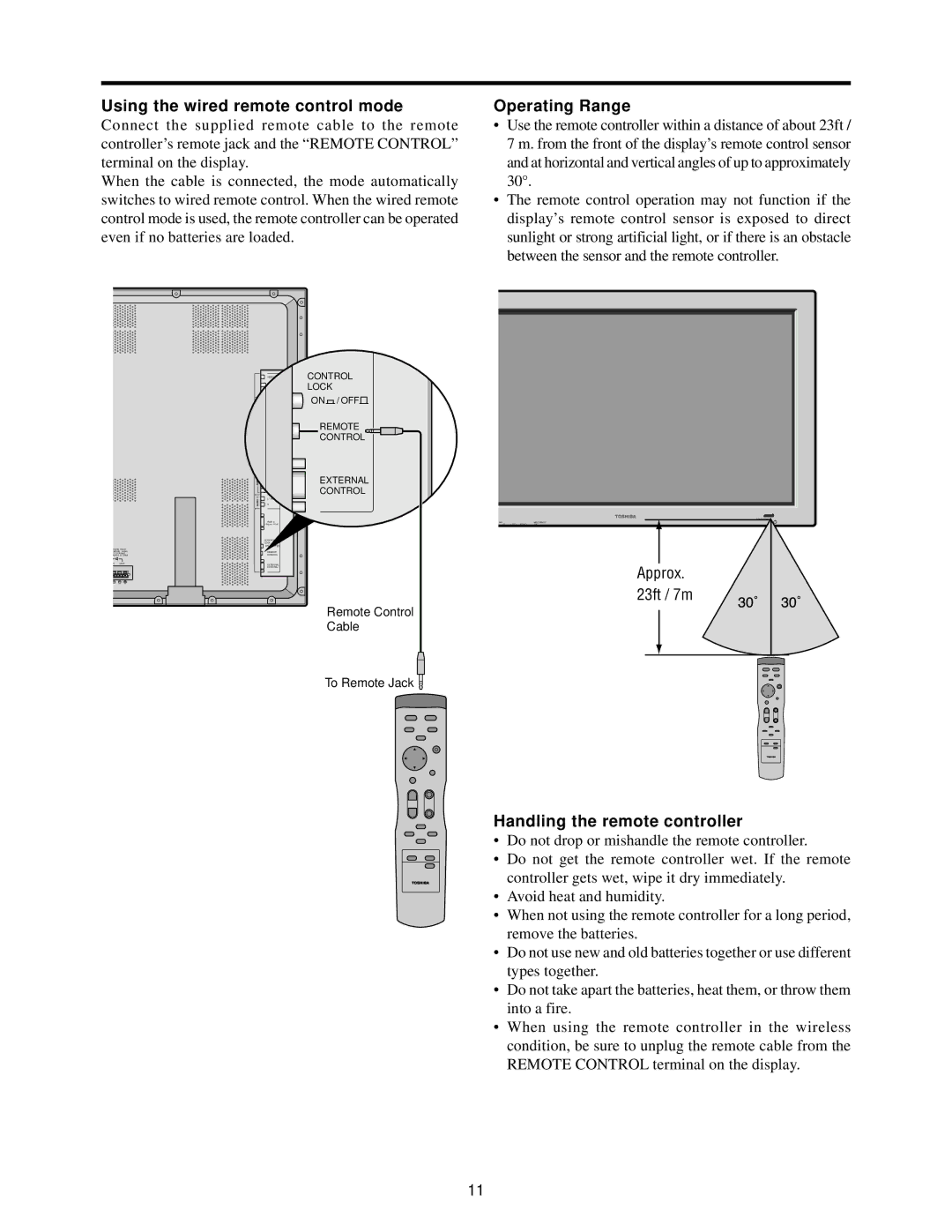 Toshiba 50HP82 owner manual Using the wired remote control mode, Operating Range, Handling the remote controller, Approx 