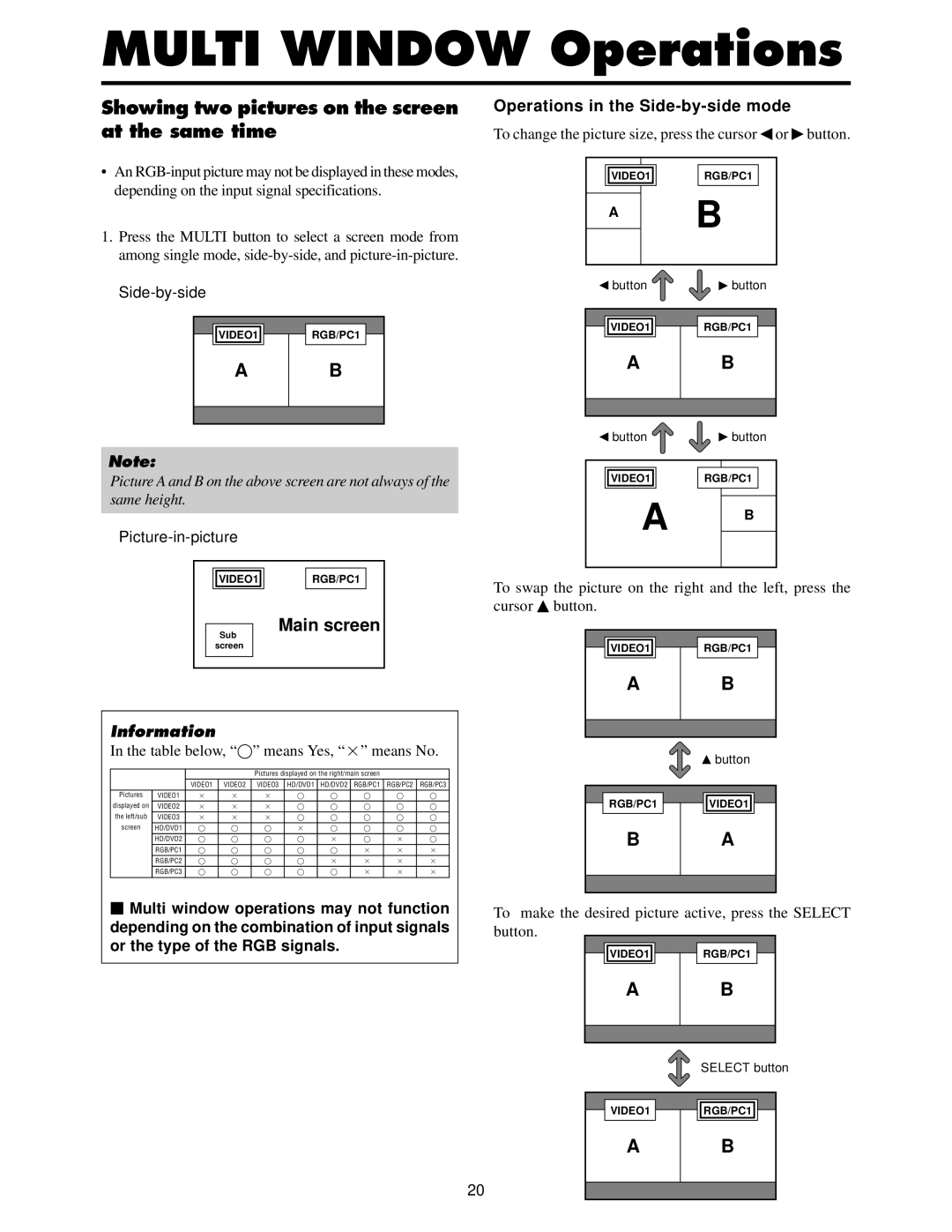 Toshiba 50HP82 owner manual Multi Window Operations, Showing two pictures on the screen at the same time, Side-by-side 