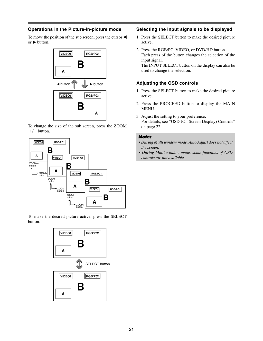 Toshiba 50HP82 owner manual Operations in the Picture-in-picture mode, Selecting the input signals to be displayed 