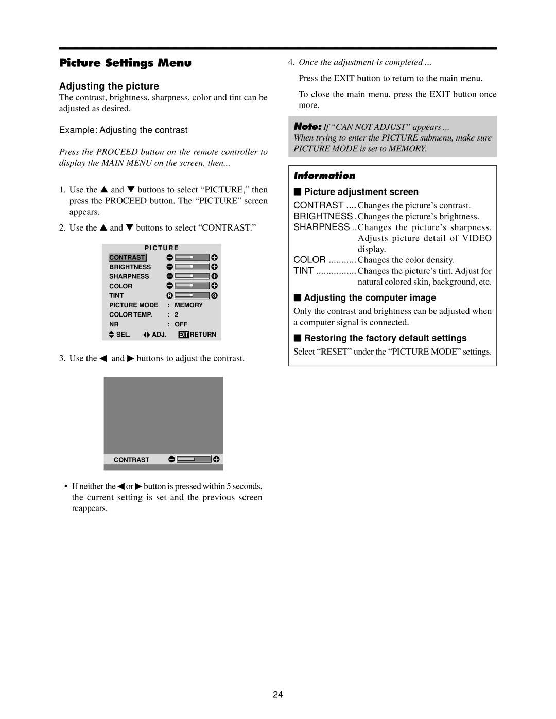 Toshiba 50HP82 Picture Settings Menu, Adjusting the picture,  Picture adjustment screen,  Adjusting the computer image 