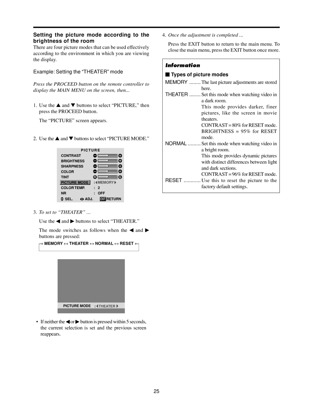 Toshiba 50HP82 owner manual Example Setting the Theater mode, To set to Theater,  Types of picture modes 