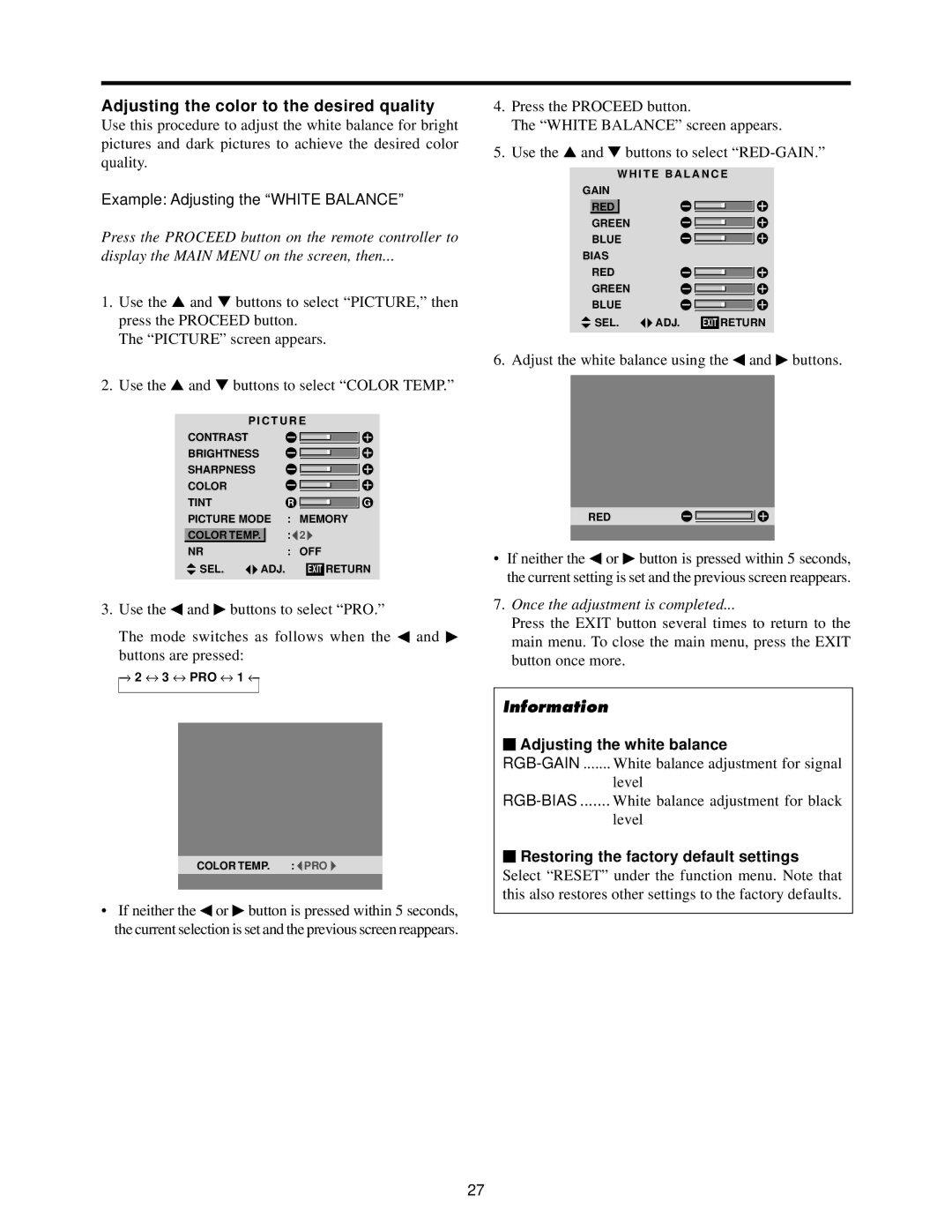 Toshiba 50HP82 owner manual Adjusting the color to the desired quality, Example Adjusting the White Balance 