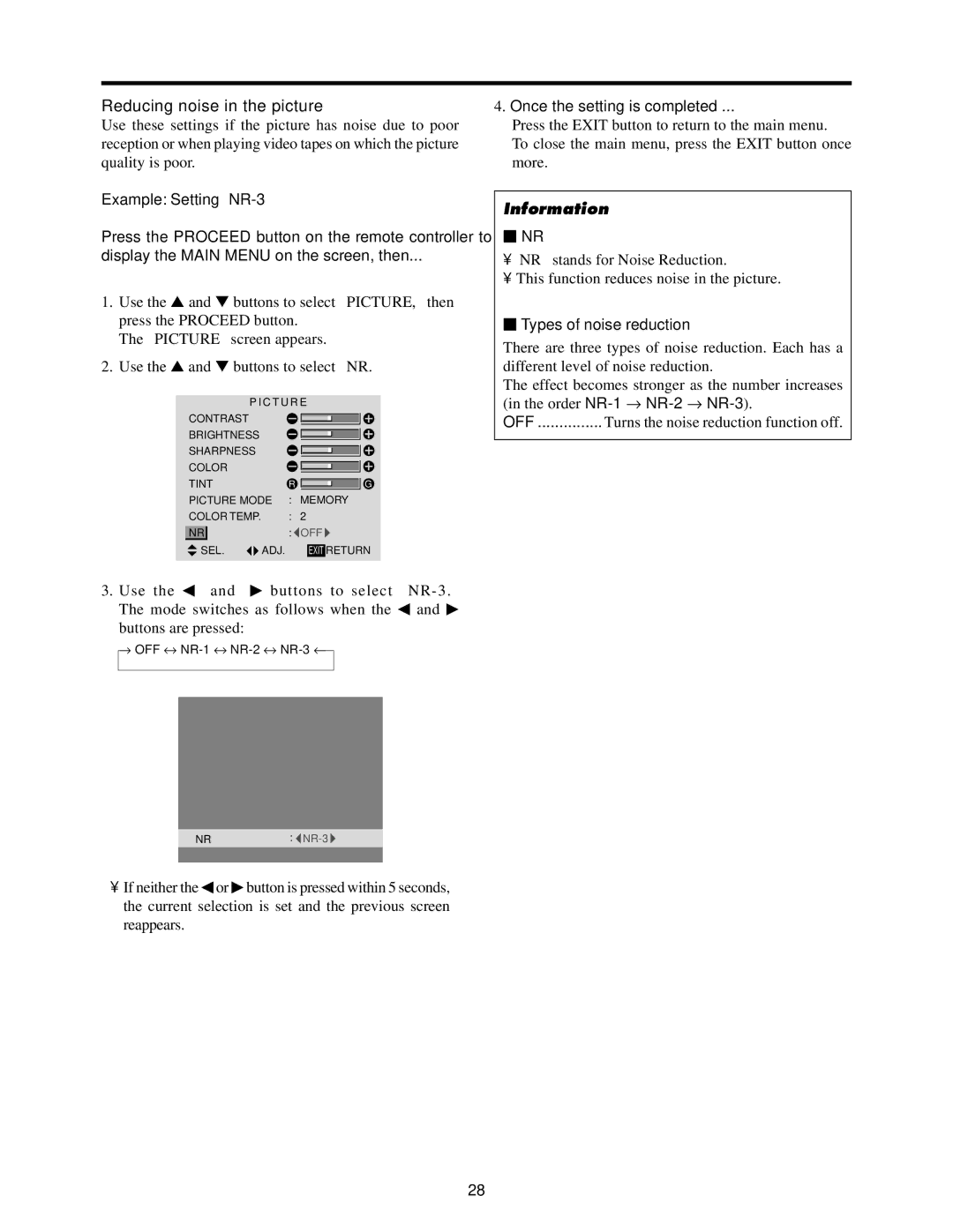 Toshiba 50HP82 owner manual Reducing noise in the picture, Example Setting NR-3,  Nr,  Types of noise reduction 