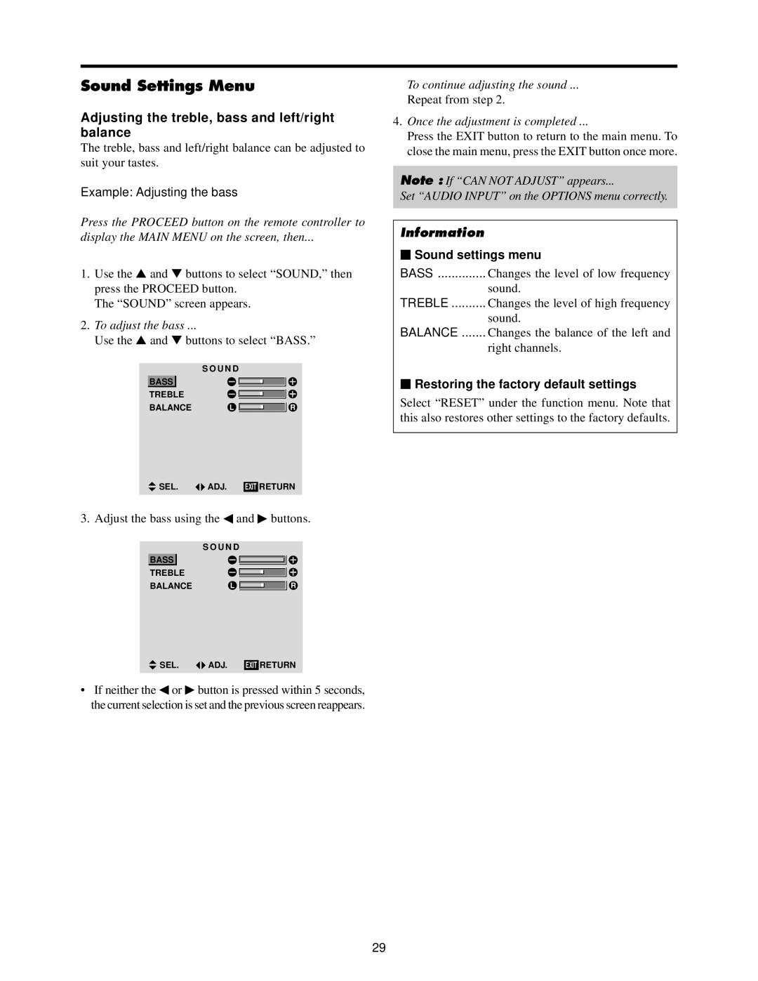 Toshiba 50HP82 Sound Settings Menu, Adjusting the treble, bass and left/right balance, Example Adjusting the bass 