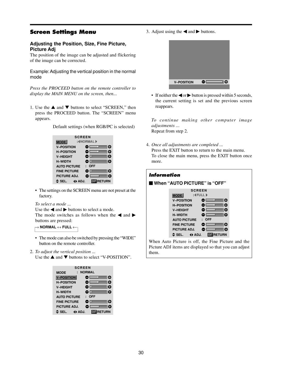 Toshiba 50HP82 Screen Settings Menu, Adjusting the Position, Size, Fine Picture, Picture Adj,  When Auto Picture is OFF 