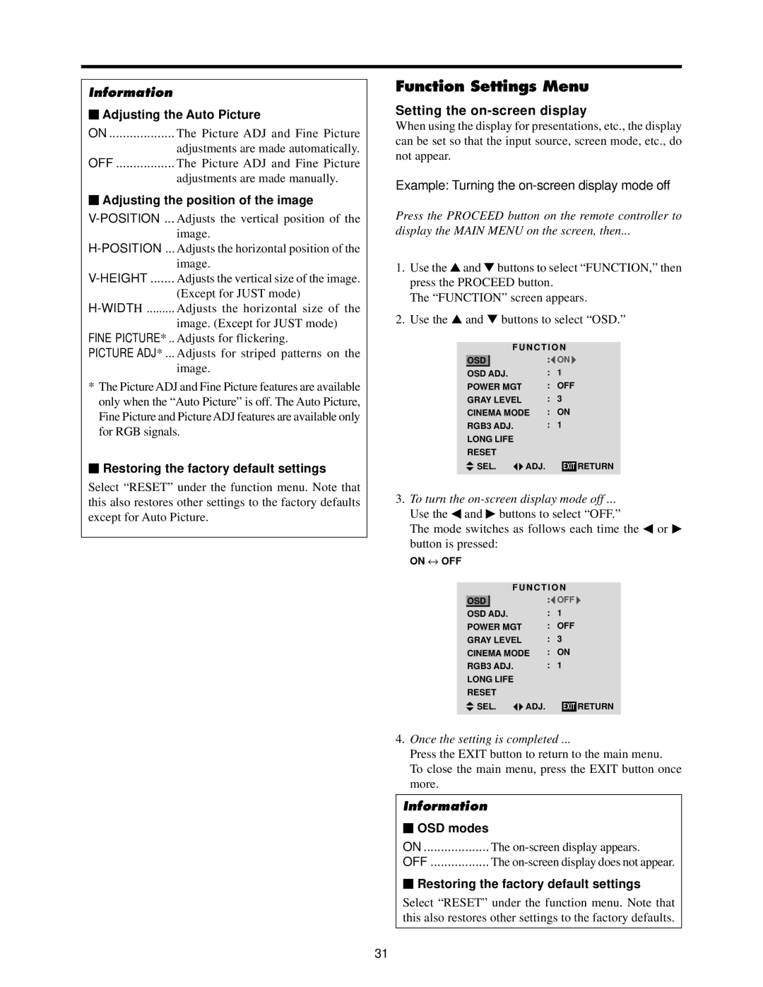 Toshiba 50HP82 Function Settings Menu, Setting the on-screen display,  Adjusting the Auto Picture,  OSD modes 