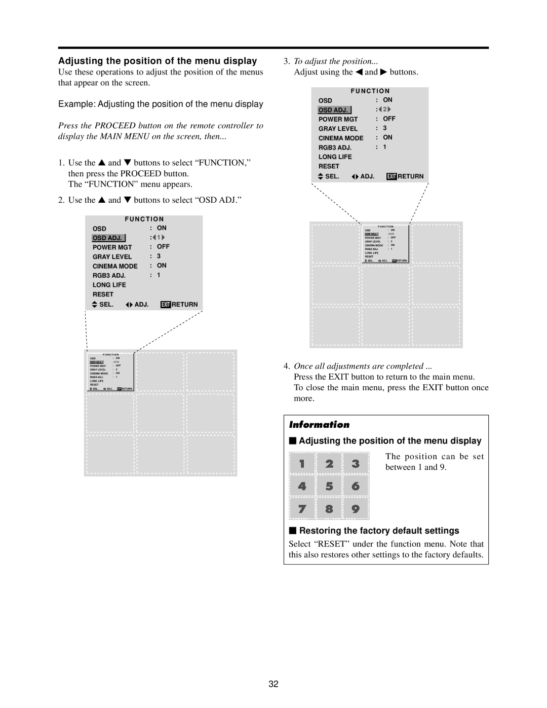 Toshiba 50HP82 owner manual Example Adjusting the position of the menu display, To adjust the position 