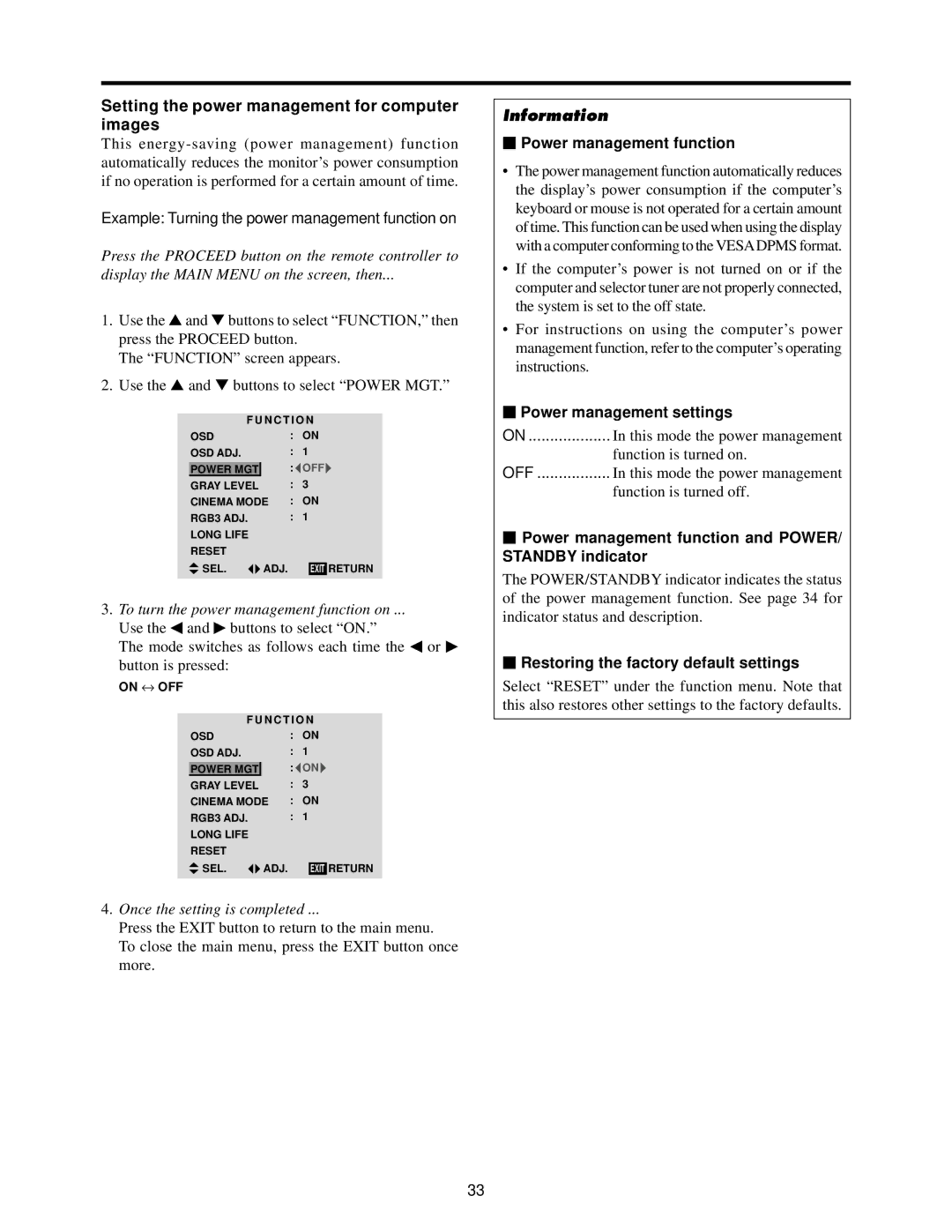 Toshiba 50HP82 Setting the power management for computer images, Example Turning the power management function on 