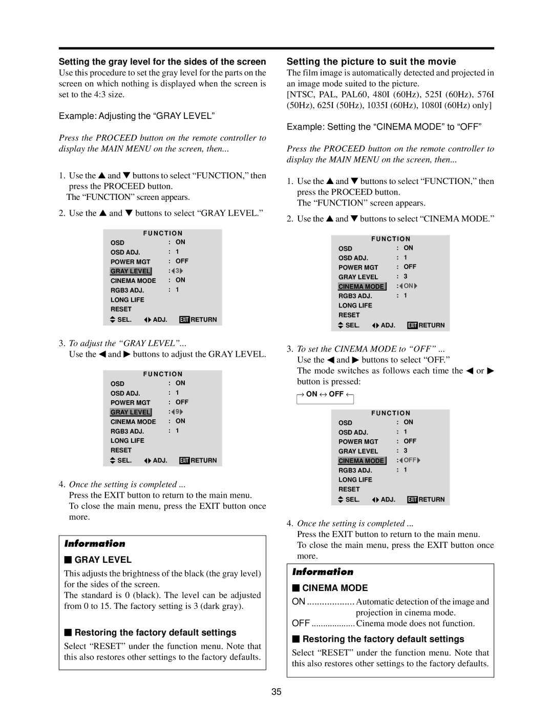 Toshiba 50HP82 owner manual Setting the picture to suit the movie, Setting the gray level for the sides of the screen 