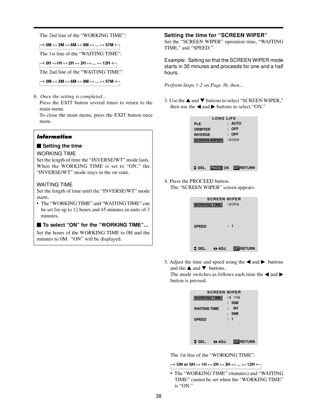 Toshiba 50HP82 owner manual Setting the time for Screen Wiper,  Setting the time,  To select on for the Working Time 