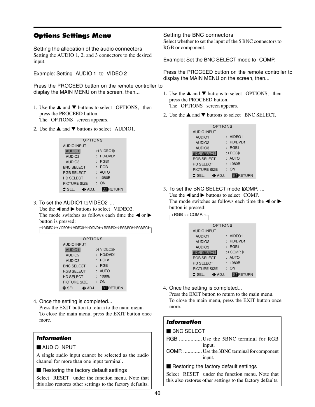 Toshiba 50HP82 Options Settings Menu, Setting the allocation of the audio connectors, Setting the BNC connectors 