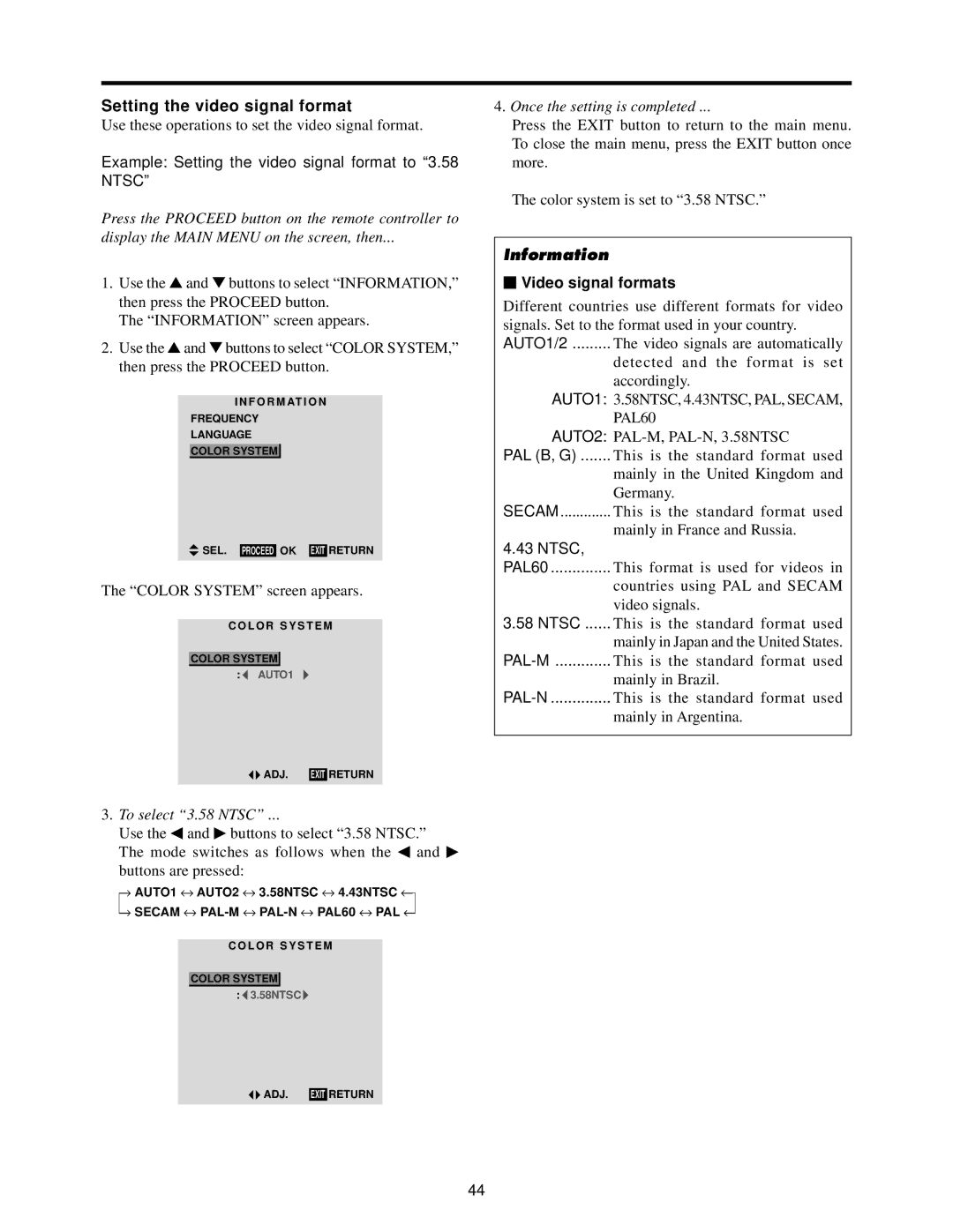 Toshiba 50HP82 Example Setting the video signal format to 3.58 Ntsc, To select 3.58 Ntsc,  Video signal formats 