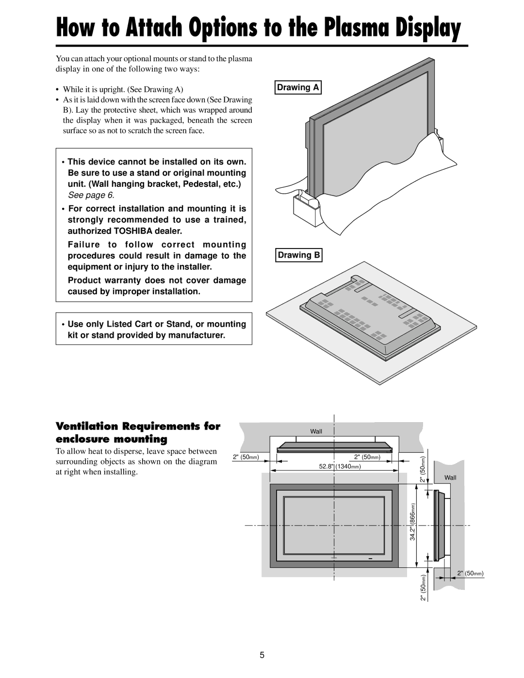 Toshiba 50HP82 owner manual How to Attach Options to the Plasma Display, Ventilation Requirements for enclosure mounting 