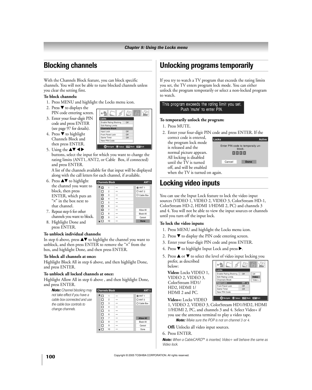 Toshiba 50HPX95 owner manual Blocking channels, Unlocking programs temporarily, Locking video inputs 