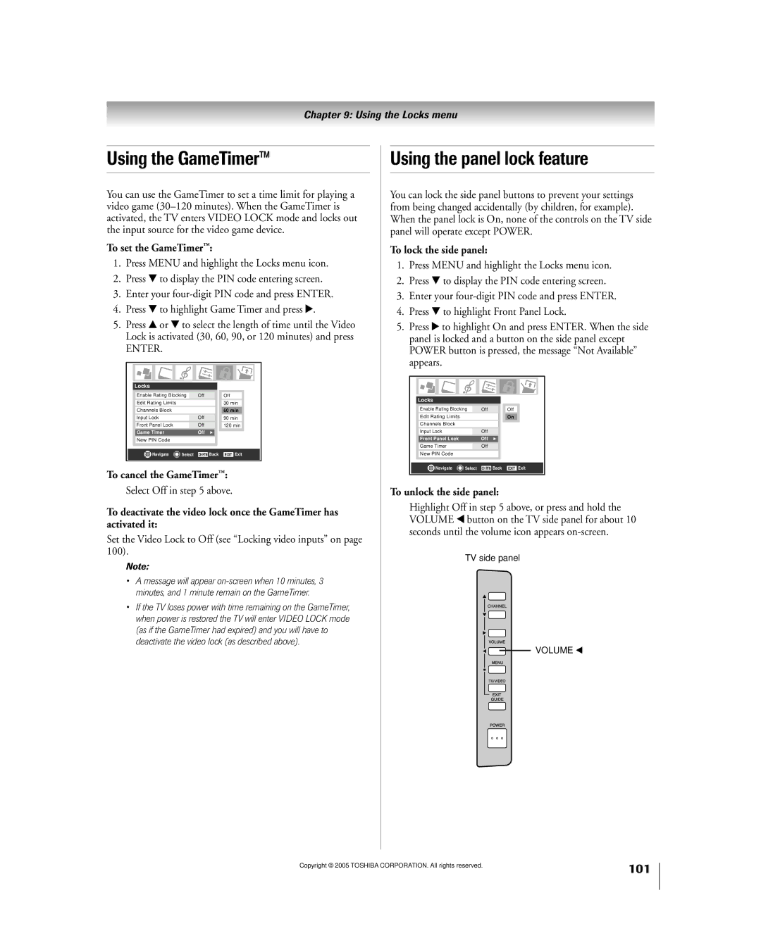 Toshiba 50HPX95 owner manual Using the GameTimer, Using the panel lock feature 