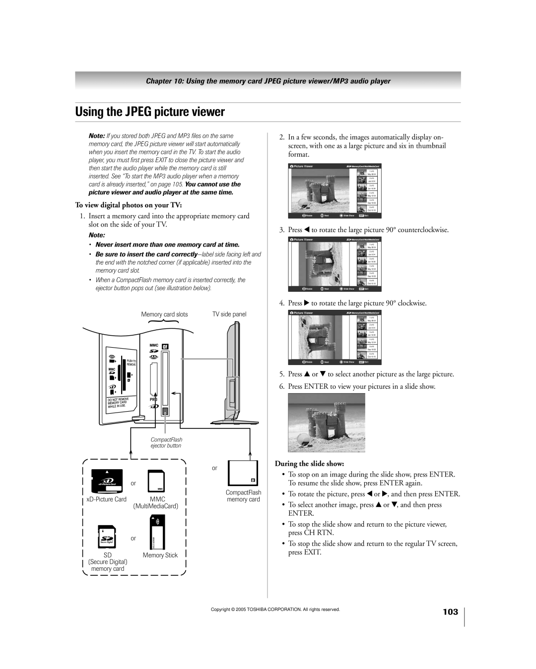 Toshiba 50HPX95 owner manual Using the Jpeg picture viewer, To view digital photos on your TV, During the slide show 